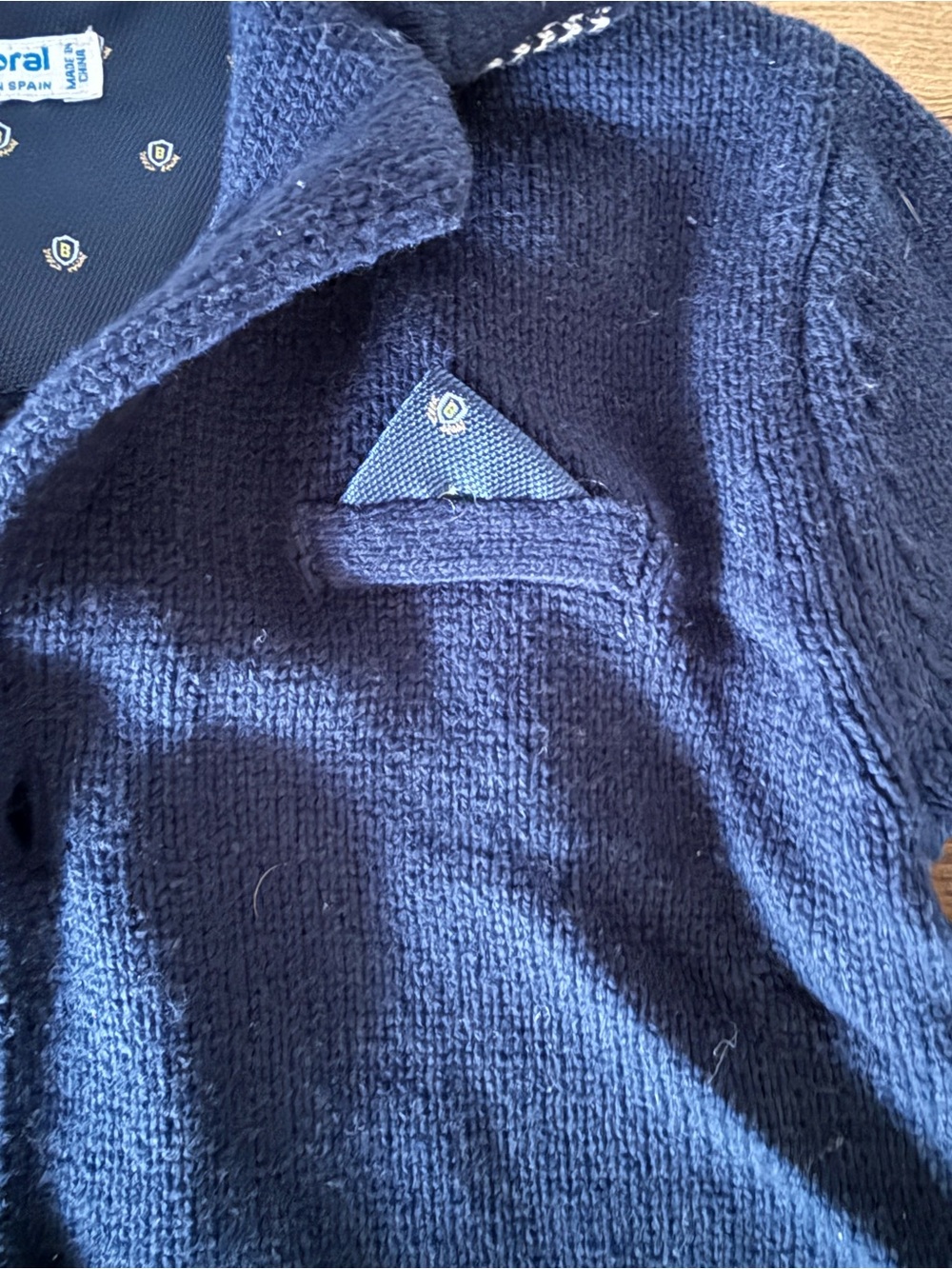 Mayoral Navy Knit Cardigan Blazer with White Elbow Patches and Green Trim - Picture 6 of 12